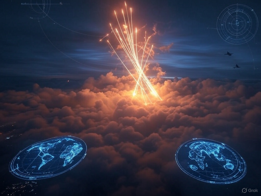 A high-resolution hero image illustrating “Operation Sindoor.” Show a night-time missile strike arcing over the Himalayas, with glowing missile trails crossing the Line of Control toward a dimly lit city (Muzaffarabad). The sky should be tense and dramatic, with satellite overlays and radar grids subtly integrated. In the foreground, show a digital map interface with blinking coordinates, and in the background, faint silhouettes of Su-30 fighter jets in the clouds. Convey themes of technological precision, cross-border retaliation, and geopolitical brinkmanship.